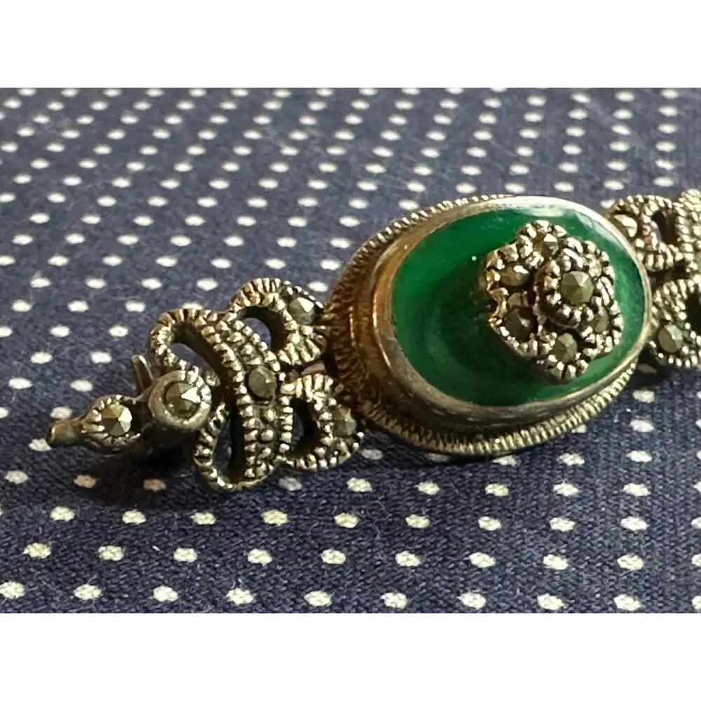 Art Deco Vintage Silver-Tone Pin Green Stone Accented with Marcasite Stones